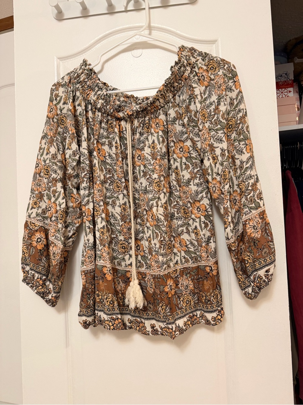 Floral Off the shoulder Blouse in Cream and Brown - Lucky Brand